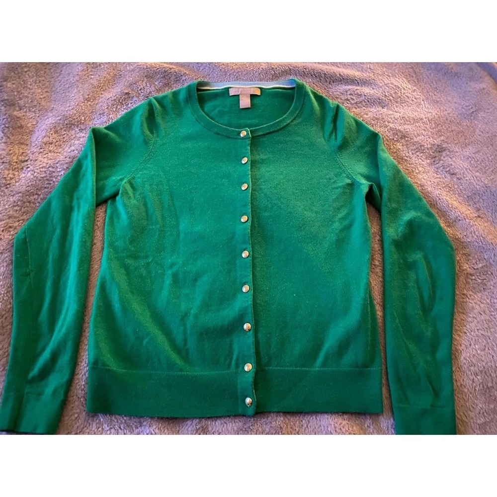 Banana Republic Extra Fine Merino Cardigan Women Small Green Gold Buttons s53b